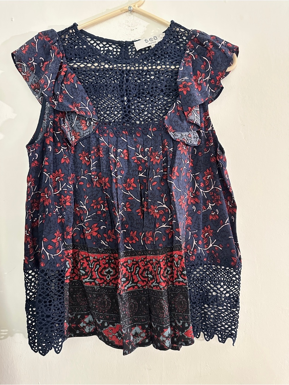Sea New York Navy and Red Floral Silk + Crochet Yoke Sleeveless Babydoll Top